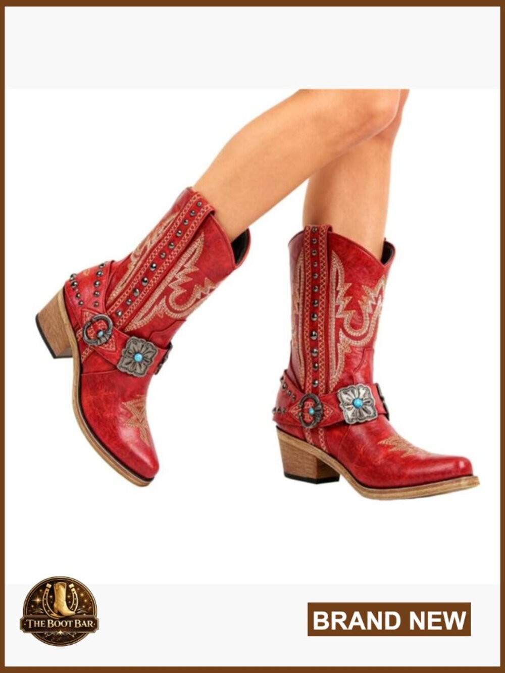 Women's Ankle Western Boots with Embroidery Studded Harness Block Heel - Picture 5 of 7